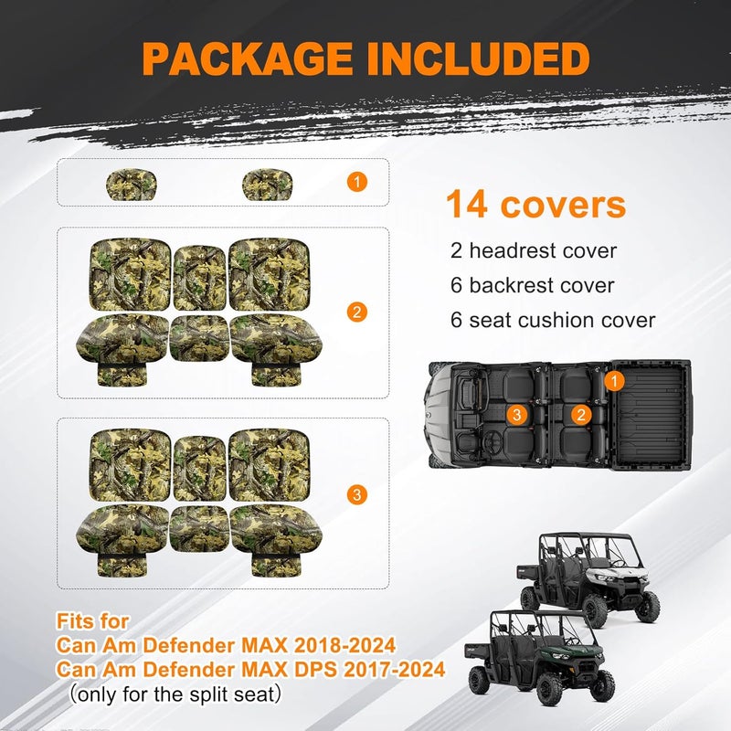 BORDAN UTV Waterproof Seat Cover for Can-Am Defender MAX 2018-2025/MAX DPS 2017-2025, Heavy Duty 1680D Camo Seat Cover Set for UTV Full Protection Outdoor(14 PCS) - Image 4